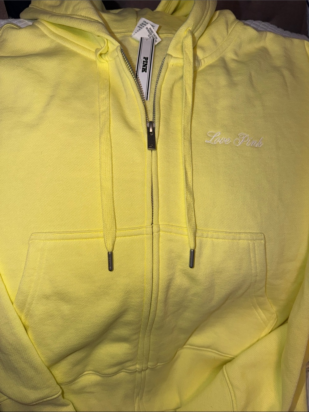 PINK Victoria's Secret BNWT- Yellow Zip-Up Hoodie- Large. Super soft inside.